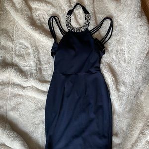 Formal Navy Blue Mini-Dress with Straps and Rhinestone Collar Neckpiece